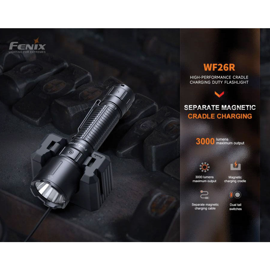 Fenix WF26R 3000 lumens 450m throw rechargeable torch with charging dock-Tactical Gear UK