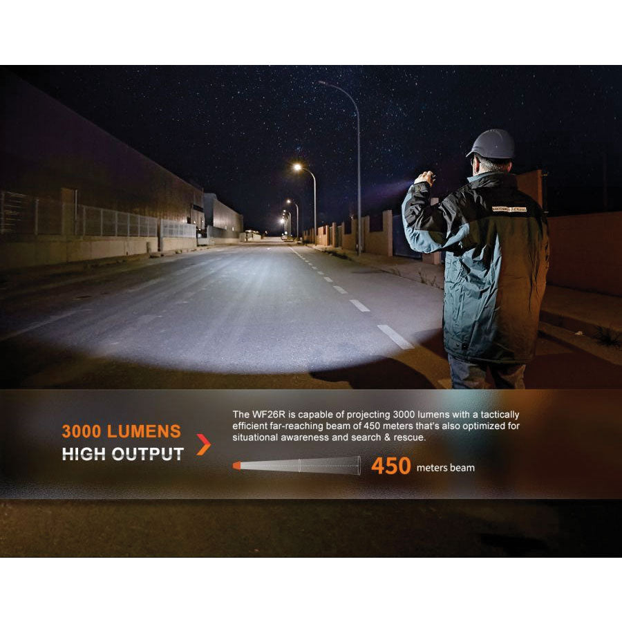 Fenix WF26R 3000 lumens 450m throw rechargeable torch with charging dock-Tactical Gear UK