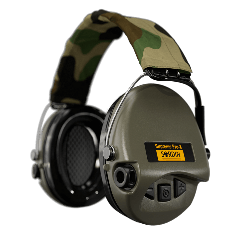Sordin Supreme Pro-X Electronic Hearing Protection- Camo Textile Headband Green Cup Colour-Tactical Gear UK