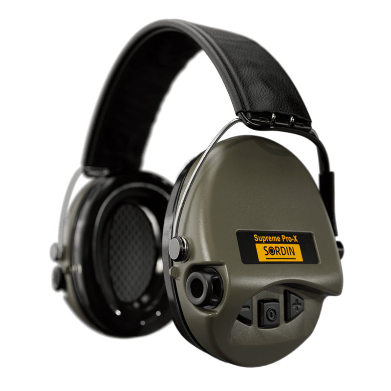 Sordin Supreme Pro-X Electronic Hearing Protection - Black Leather Headband OD Green Cup Colour-Tactical Gear UK